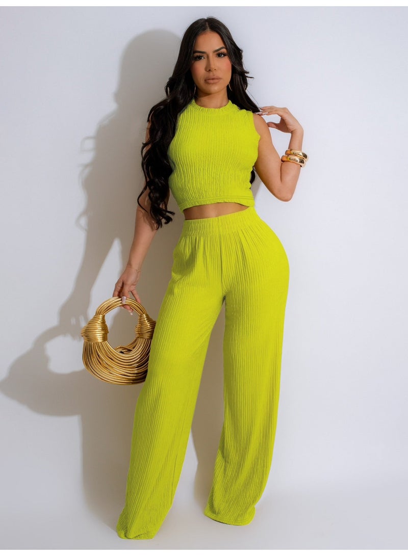 KUYING New Fashionable and Casual High Elasticity Knitted Pit Strip Wide Leg Pants Set - Image 1