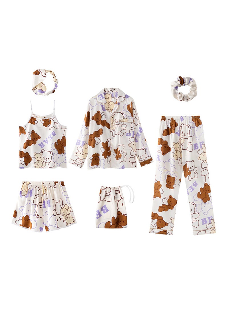 Generic - 7pcs pajamas set for women in all seasons imitation silk pajamas set - Image 1