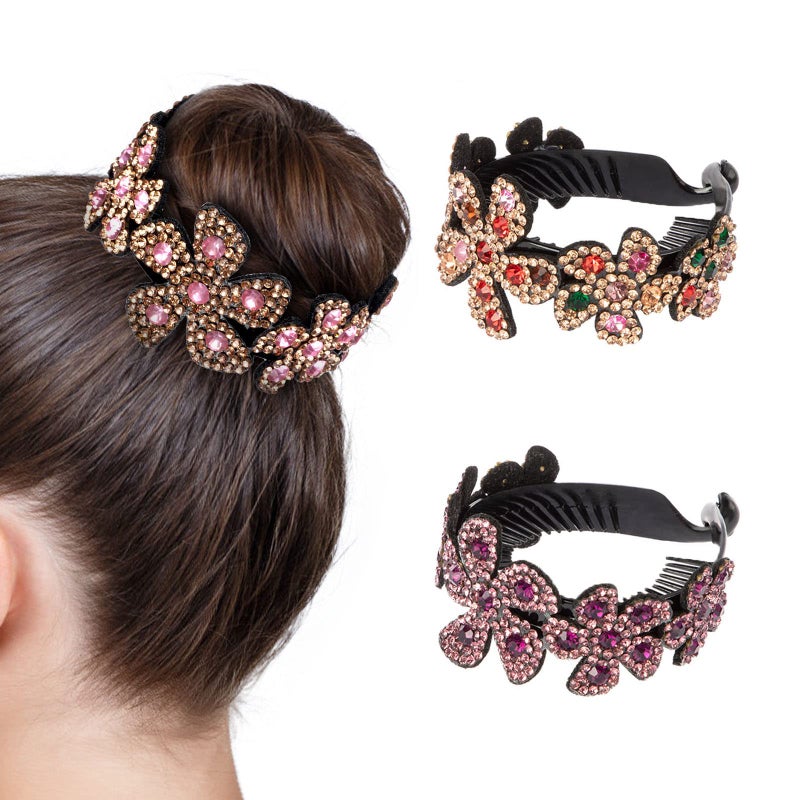 ISKYBOB 2 Pieces Rhinestone Flower Ponytail Holder Twist Bun Shaper Women Hair Grips Claw Wine RedMulticolored