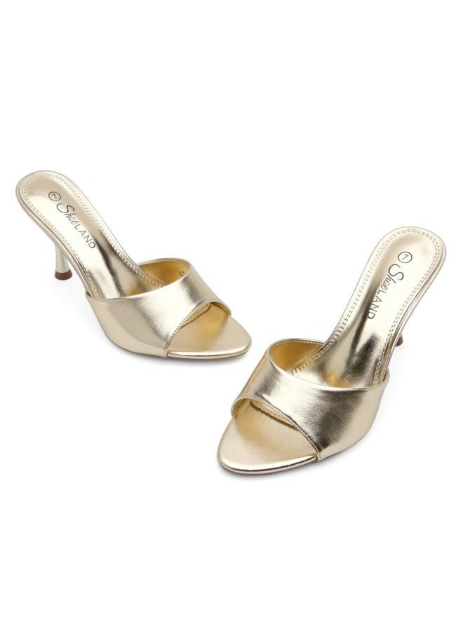 Shoe Land Women's Mule Heels, Slip-On Pointed Toe Stiletto Heeled Dress Sandals, Backless Pumps for Wedding, Prom & Evening Events, Summer Casual Comfortable Dressy Shoes, Gold, 5 - Image 2