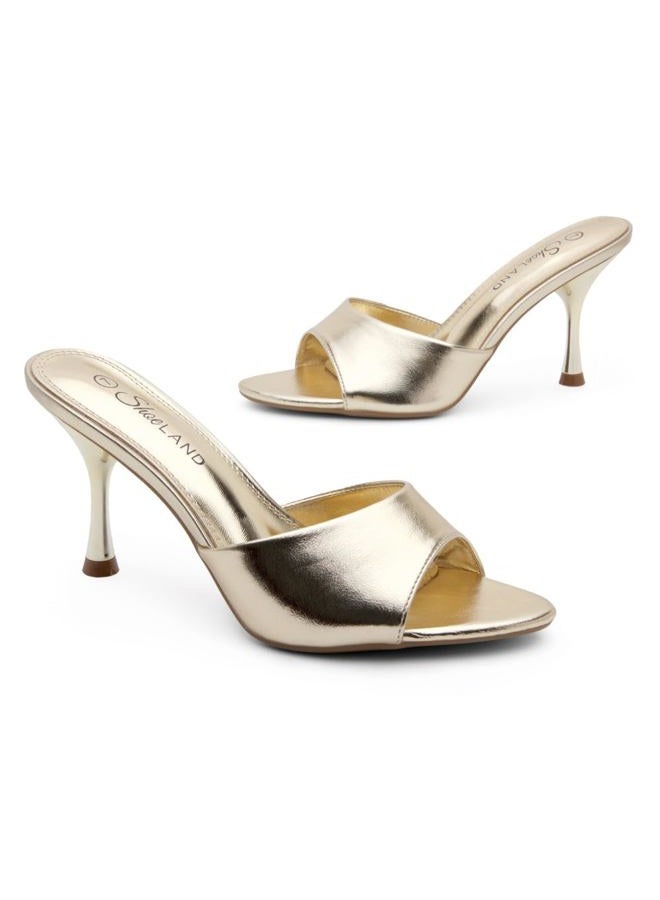 Shoe Land Women's Mule Heels, Slip-On Pointed Toe Stiletto Heeled Dress Sandals, Backless Pumps for Wedding, Prom & Evening Events, Summer Casual Comfortable Dressy Shoes, Gold, 5 - Image 4