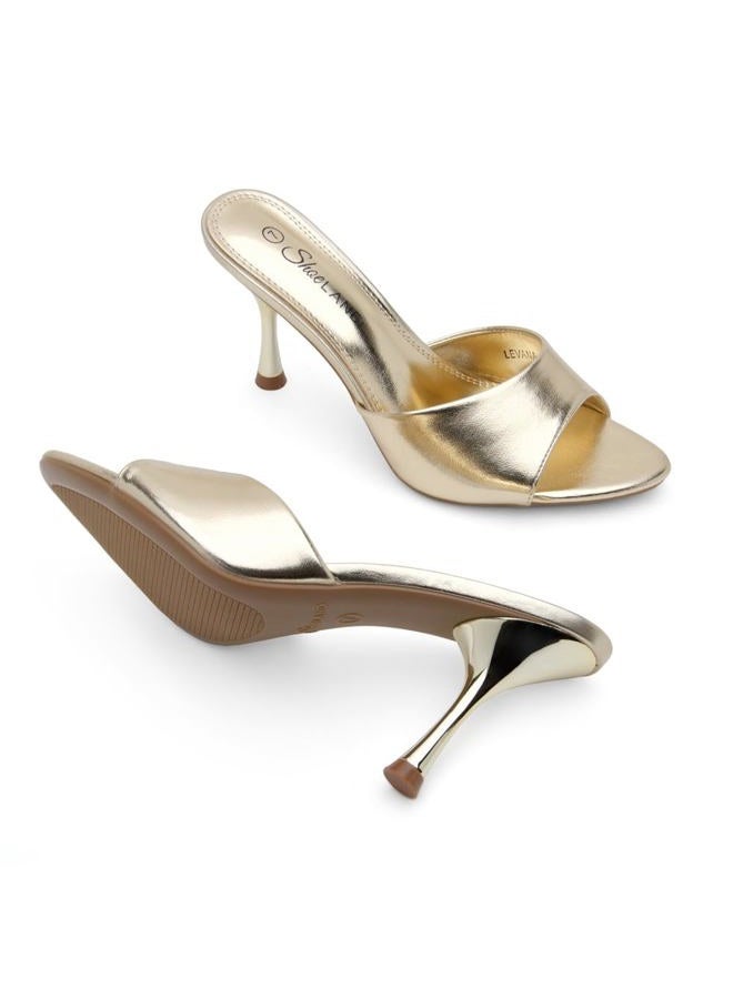 Shoe Land Women's Mule Heels, Slip-On Pointed Toe Stiletto Heeled Dress Sandals, Backless Pumps for Wedding, Prom & Evening Events, Summer Casual Comfortable Dressy Shoes, Gold, 5 - Image 3
