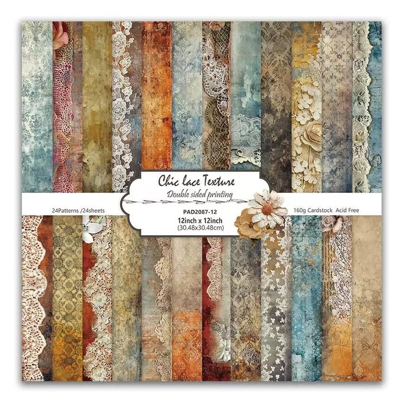 iKammo Vintage Lace Pattern Scrapbook Paper Pad 12Ã—12,24 Sheets Double-Sided Coffee Floral Scrapbooking CardStock Paper Pad for Holiday Cardmaking DIY Junk Journal Origami Papers. - Image 1