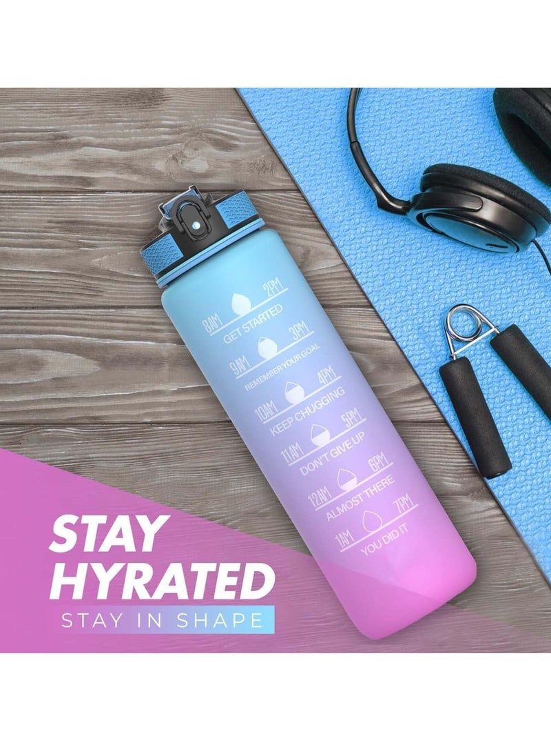 Generic - 1 Litre Water Bottle Motivational Fitness Sport Water Bottles with Straw Time Maker,BPA-free Plastic Drink Bottle For Gym(Blue and Pink) - Image 1