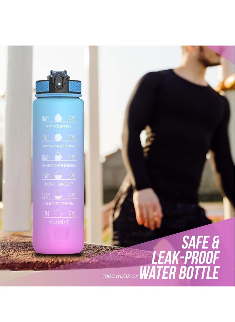 Generic - 1 Litre Water Bottle Motivational Fitness Sport Water Bottles with Straw Time Maker,BPA-free Plastic Drink Bottle For Gym(Blue and Pink) - Image 1