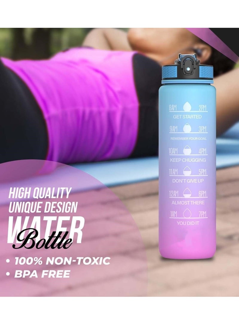 Generic - 1 Litre Water Bottle Motivational Fitness Sport Water Bottles with Straw Time Maker,BPA-free Plastic Drink Bottle For Gym(Blue and Pink) - Image 1