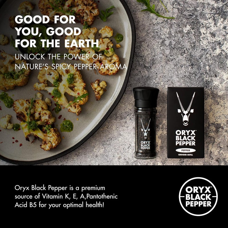 Oryx Desert Salt مطحنة فلفل أسود من ملح الصحراء أوريكس - مطحنة سيراميك قابلة لإعادة التعبئة مع فلفل أسود كامل من مدغشقر، 1.26 أونصة - Image 2