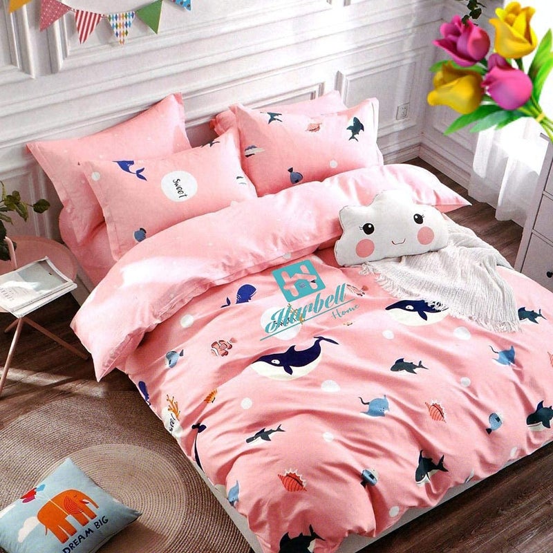 Kids Anjali Overseas 200 GSM 400 TC Glace Cotton Reversible Cartoon Printed Double Bed King Size Comforter with Matching Bedsheet with 2 Pillow Covers Set of 4 Pieces Multicolor 90 X100 