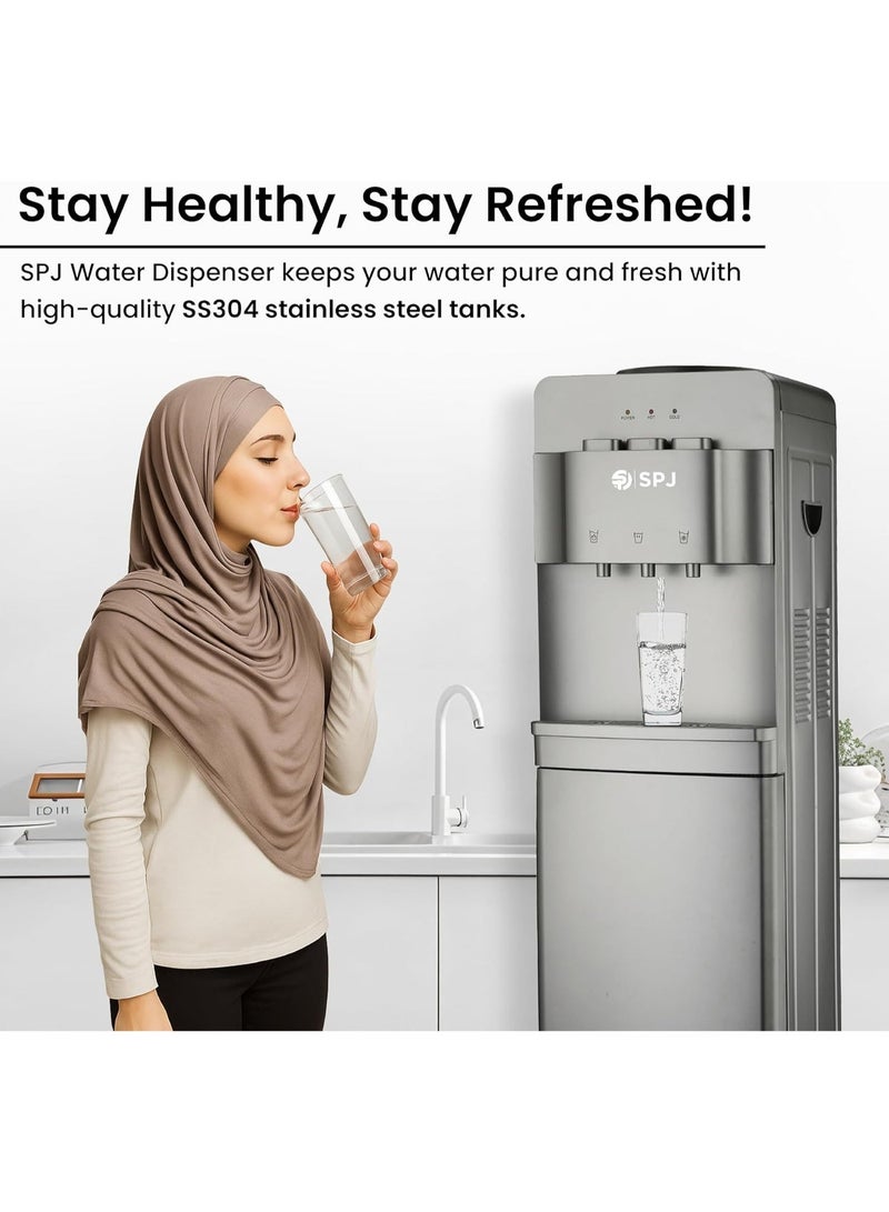 SPJ Top Loading Water Dispenser with 12.5L Refrigerator Cabinet, Hot Cold & Normal Water, 3 Taps, SS304 Water Tank, Child Safety Lock, Antibacterial Body, Low Noise Compressor Cooling, Floor Standing Water Cooler, Grey - Image 5