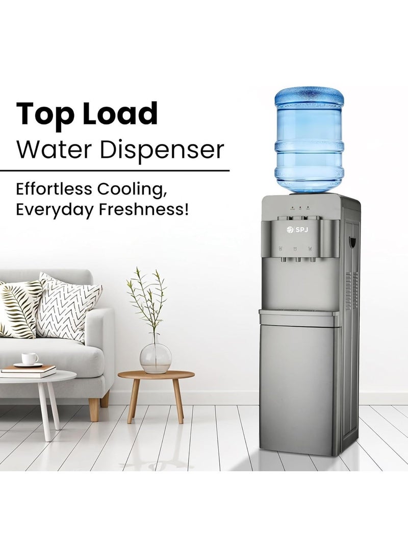 SPJ Top Loading Water Dispenser with 12.5L Refrigerator Cabinet, Hot Cold & Normal Water, 3 Taps, SS304 Water Tank, Child Safety Lock, Antibacterial Body, Low Noise Compressor Cooling, Floor Standing Water Cooler, Grey - Image 2
