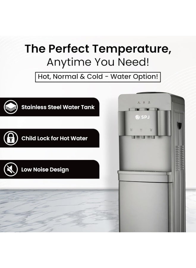 SPJ Top Loading Water Dispenser with 12.5L Refrigerator Cabinet, Hot Cold & Normal Water, 3 Taps, SS304 Water Tank, Child Safety Lock, Antibacterial Body, Low Noise Compressor Cooling, Floor Standing Water Cooler, Grey - Image 4