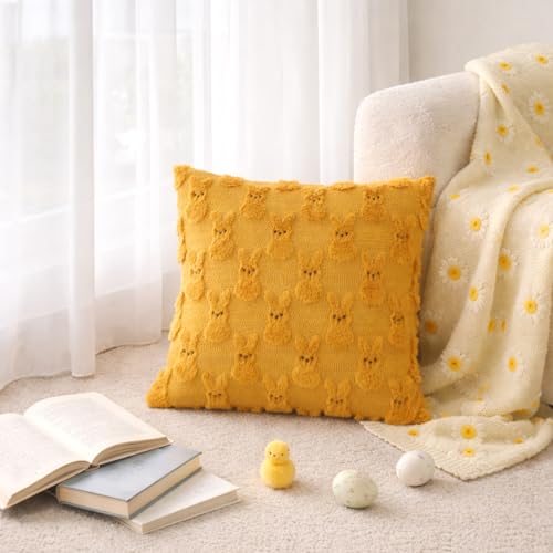 Yuubin Easter Bunny Pillow Covers 18x18 Set of 2,Rabbit Soft Plush Faux Fur Yellow Spring Throw Pillow Cases for Home Decorations Sofa Bedroom Living Room Couch Bed Decor - Image 5