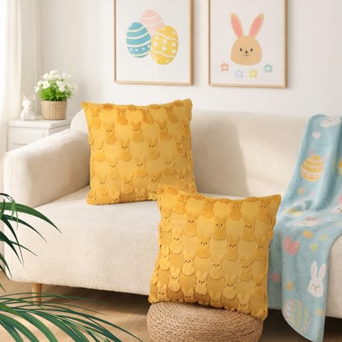 Yuubin Easter Bunny Pillow Covers 18x18 Set of 2,Rabbit Soft Plush Faux Fur Yellow Spring Throw Pillow Cases for Home Decorations Sofa Bedroom Living Room Couch Bed Decor - Image 2