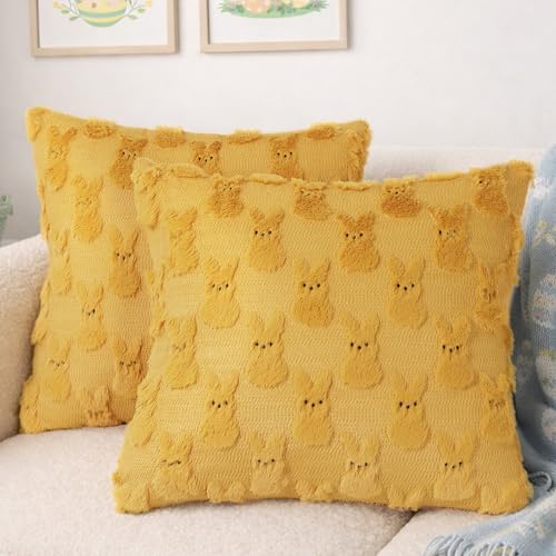 Yuubin Easter Bunny Pillow Covers 18x18 Set of 2,Rabbit Soft Plush Faux Fur Yellow Spring Throw Pillow Cases for Home Decorations Sofa Bedroom Living Room Couch Bed Decor - Image 1