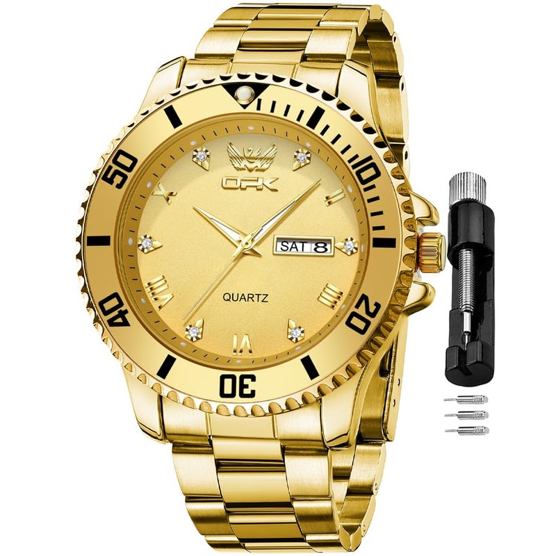 OPK Mens Watch Green Gold Simple Fashion Diamonds Stainless Steel Analog Large Dial Waterproof Date Casual WristWatches for Man - Image 1