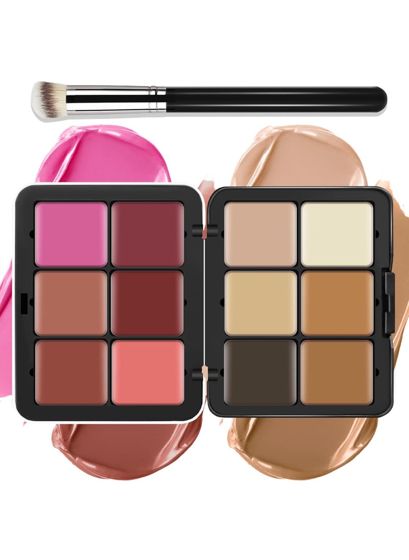 LSxia 12 Colors Cream BlushContourConcealer Makeup Palette for Cheeks  Multifunctional Makeup Palette with Brush Natural Matte Long Wearing Waterproof Blendable Face Makeup Palette 02 