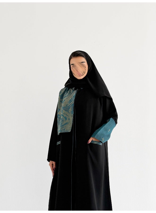 آية MW1783 عباية بليزر سوداء بتدخيلة لنن هندي - Image 2