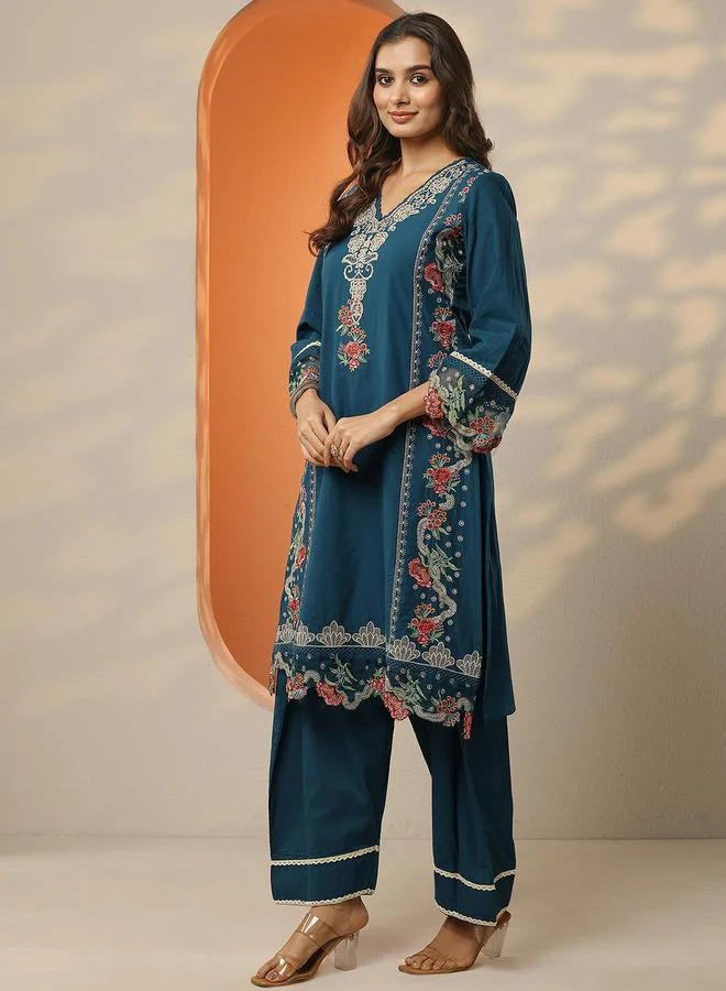لباس Printed Cotton Blend Straight Kurta, Salwar and Dupatta Set