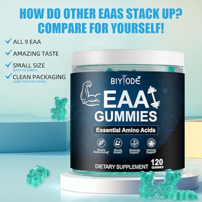 BIYODE EAA Gummies – Essential Amino Acids with BCAAs for Muscle Support, Energy & Recovery – All 9 EAAs, Sugar-Free Blue Raspberry, Non-GMO, Gluten-Free, Vegetarian-Friendly, 120 Gummies - Image 3