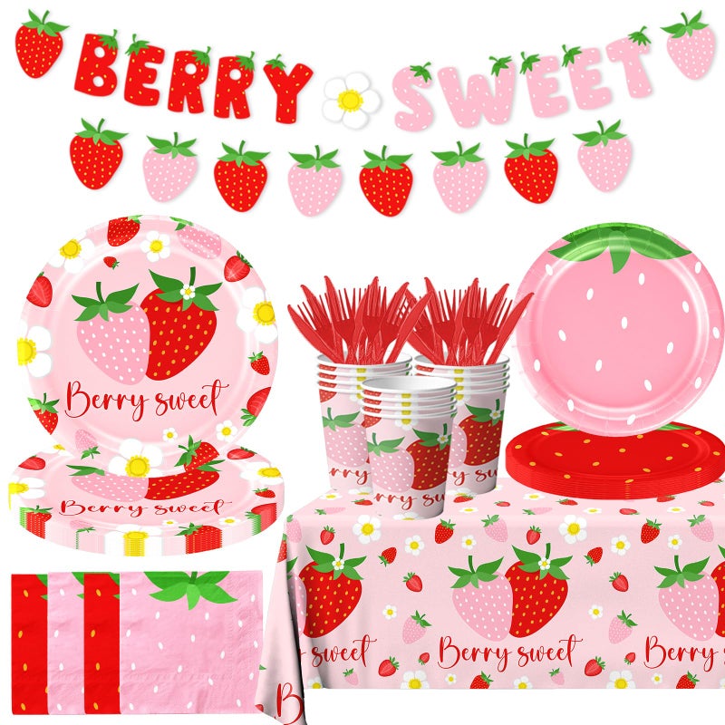 Dydamud Strawberry Party DecorationsStrawberry Theme Birthday Party Tableware Set A Berry Sweet Baby Plates Napkins Cups for Berry First Birthday Party SuppliesStrawberry Baby Shower