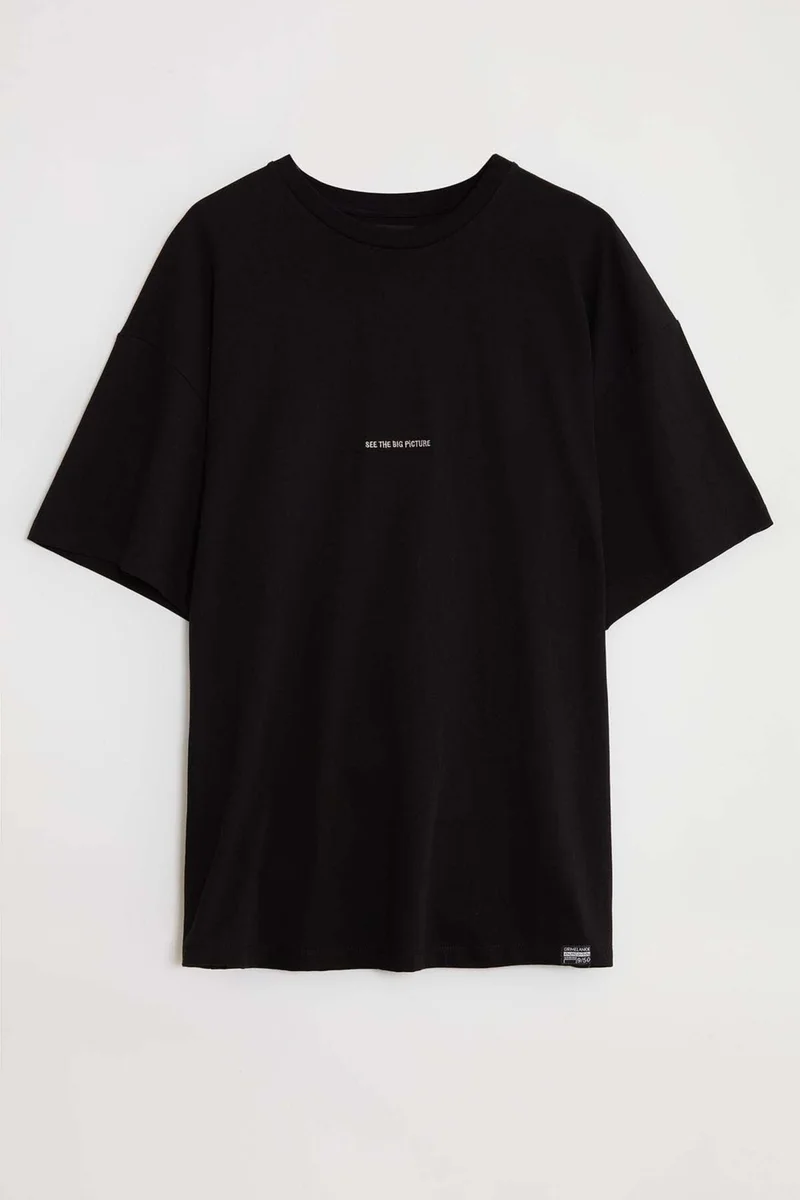 جريميلانج River Men's Embroidered Oversize 100% Organic Cotton 3 Thread Knitted Black T-shirt