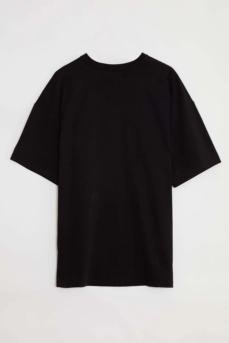 جريميلانج River Men's Embroidered Oversize 100% Organic Cotton 3 Thread Knitted Black T-shirt