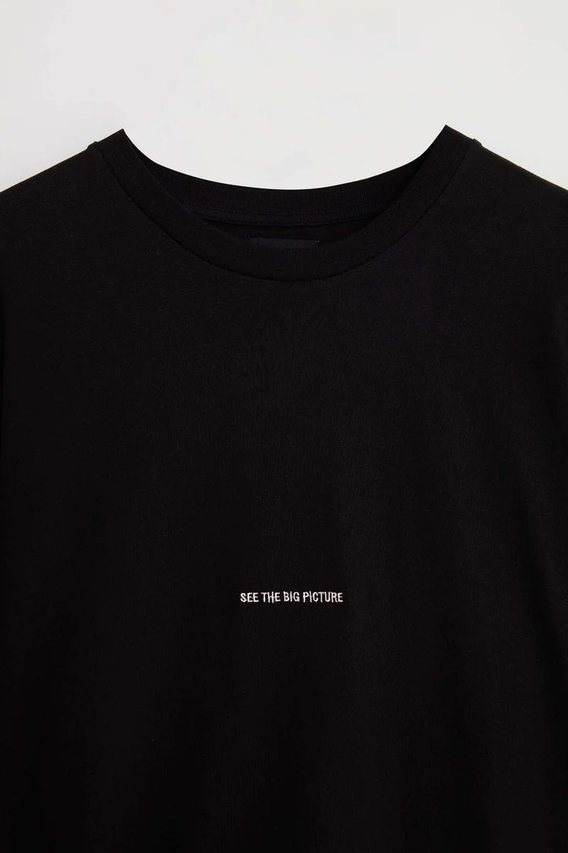 جريميلانج River Men's Embroidered Oversize 100% Organic Cotton 3 Thread Knitted Black T-shirt