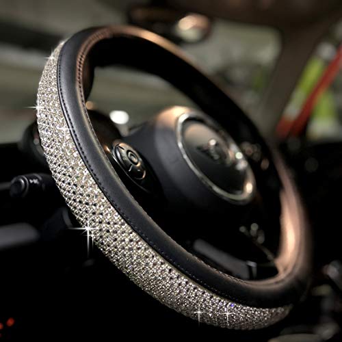 PINCTROT Bling Bling Comfy Steering Wheel Cover with Jumbo Crystal Rhinestones AntiSlip Diamond Leather Universal 15 Inch Silver