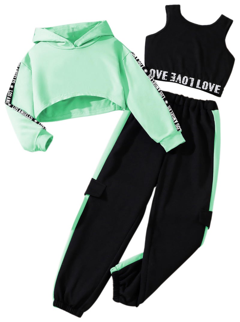Hilinker Girls Graphic 3 Piece Outfits Workout Hoodie Crop Tank and Sweatpants Set Green Black LA 1314 Year