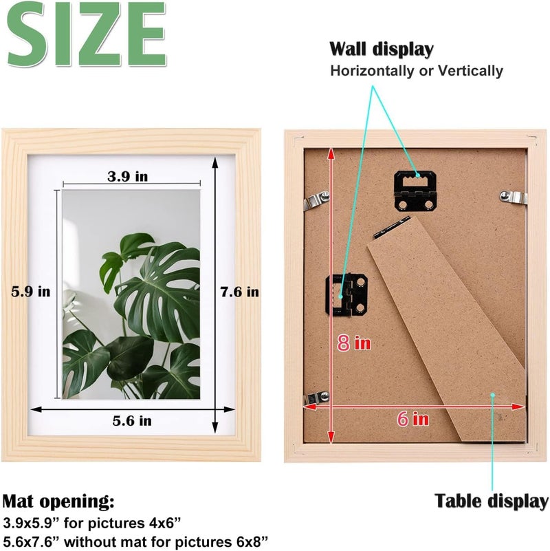 Egofine Egofine 6x8 Picture Frame Made of Solid Wood Covered by Plexiglass  Display Pictures 4x6 with Mat or 6x8 Without Mat for Table Top Display and Wall Mounting Photo Frame  Natural Wood  - Image 3