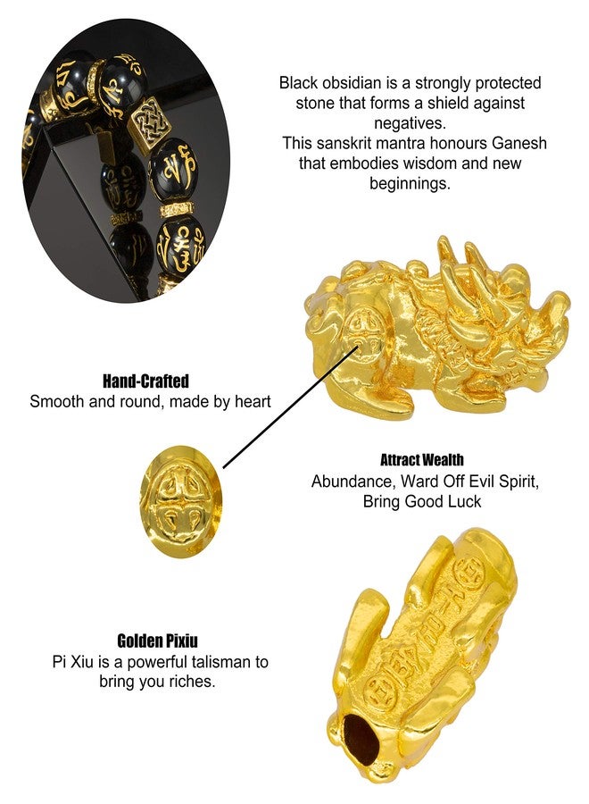 ZenBless Feng Shui Black Obsidian Bracelet Pixiu Bracelet for Women Men Prosperity Double Pi Xiu/Pi Yao Black Mantra Bead Bracelet with Dice Attract Wealth and Good Luck 14mm - Image 3