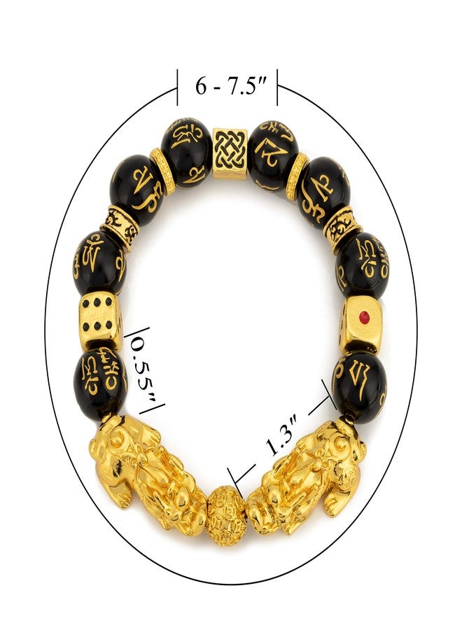 ZenBless Feng Shui Black Obsidian Bracelet Pixiu Bracelet for Women Men Prosperity Double Pi Xiu/Pi Yao Black Mantra Bead Bracelet with Dice Attract Wealth and Good Luck 14mm - Image 2