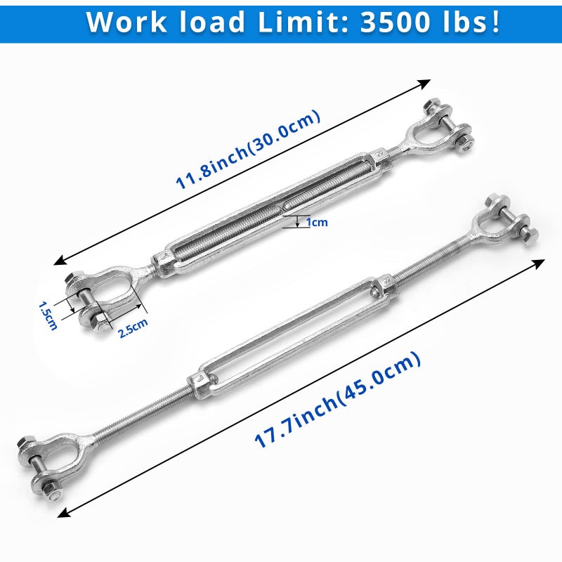 HOKINETY Hot Dipped Galvanized Steel Jaw and Jaw Turnbuckle - Heavy Duty Turnbuckle, 3/8" Threaded Diameter x 12in,3500 lbs Working Load Limit - Durable,Weather Resistant - Image 2