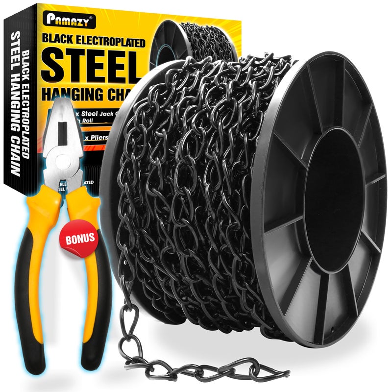 PAMAZY [Upgraded] 50FT Black Electroplated Steel Hanging Chain Roll, Pliers Included, 20LBS Load Capacity, Durable, Rust-Resistant, Adjustable Length for Hanging Bird Feeders, Planters, Lanterns, Billboards - Image 1