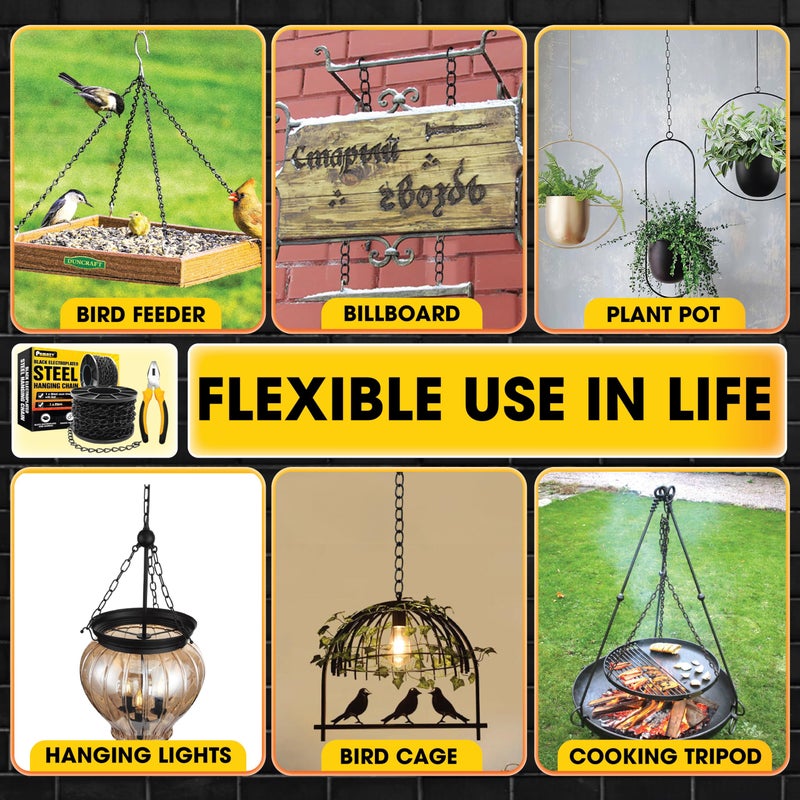 PAMAZY [Upgraded] 50FT Black Electroplated Steel Hanging Chain Roll, Pliers Included, 20LBS Load Capacity, Durable, Rust-Resistant, Adjustable Length for Hanging Bird Feeders, Planters, Lanterns, Billboards - Image 5