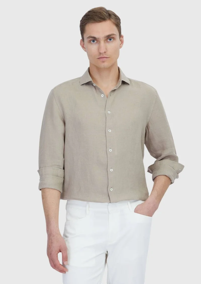 RAMSEY Mink Plain Casual Fit Long Weaving Casual 100% Linen Shirt