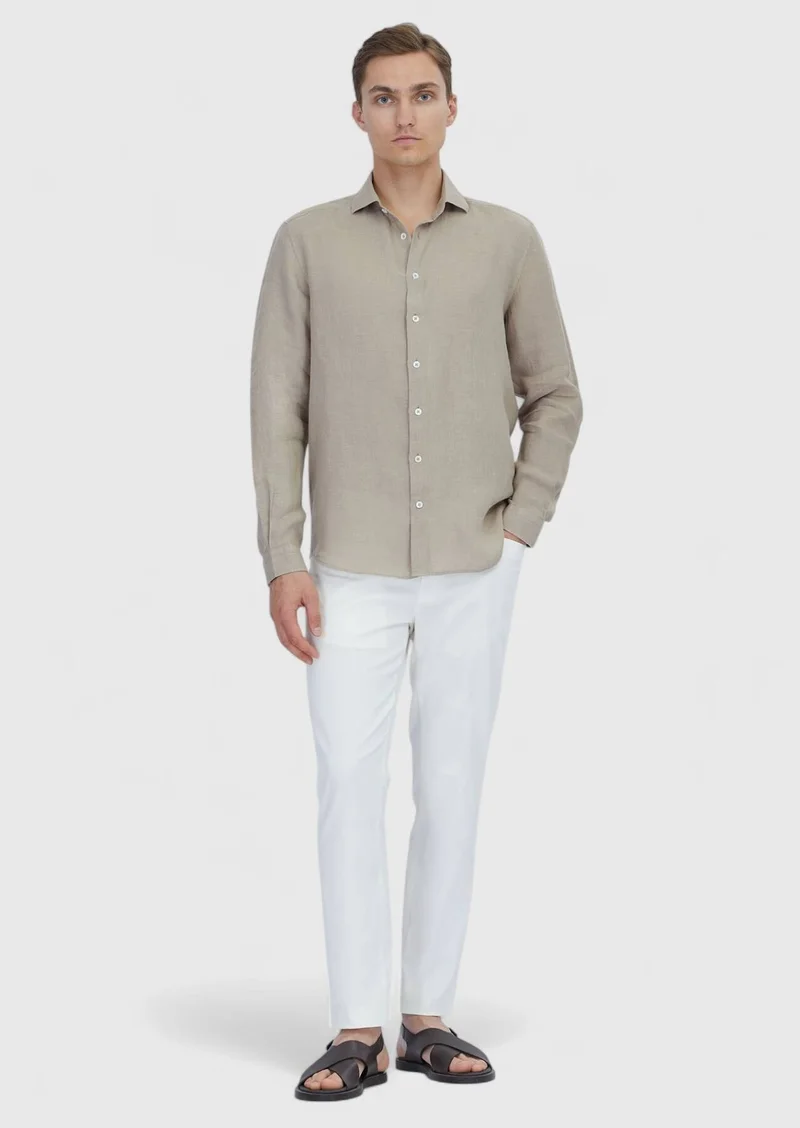 RAMSEY Mink Plain Casual Fit Long Weaving Casual 100% Linen Shirt
