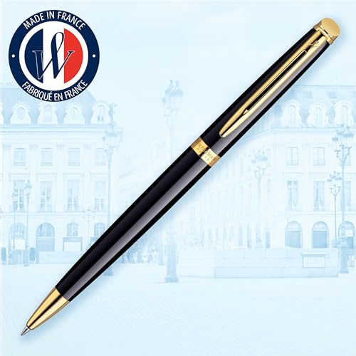Waterman قلم حبر جاف واترمان هيميسفير | أسود لامع مع تزيين من الذهب عيار 23 قيراط | نقطة متوسطة | حبر أزرق | علبة هدايا - Image 2