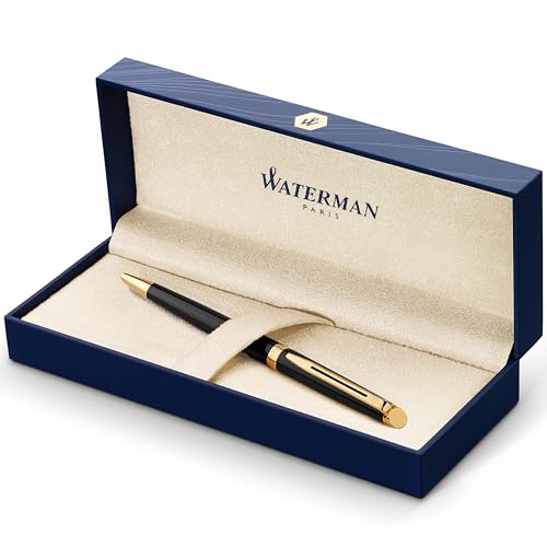 Waterman قلم حبر جاف واترمان هيميسفير | أسود لامع مع تزيين من الذهب عيار 23 قيراط | نقطة متوسطة | حبر أزرق | علبة هدايا - Image 1