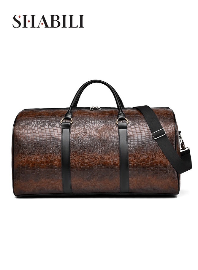 SHABILI Men's High-Capacity PU Duffle Bag, Weekender Carry Bag Gents Bag Gym Bag Sports Bag Tourist Bag, Multi-Pocket Hand Luggage with Detachable Strap for Business Trips, Fitness, Weekend Getaways (Brown) - Image 1