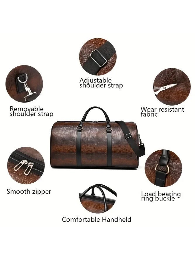 SHABILI Men's High-Capacity PU Duffle Bag, Weekender Carry Bag Gents Bag Gym Bag Sports Bag Tourist Bag, Multi-Pocket Hand Luggage with Detachable Strap for Business Trips, Fitness, Weekend Getaways (Brown) - Image 2
