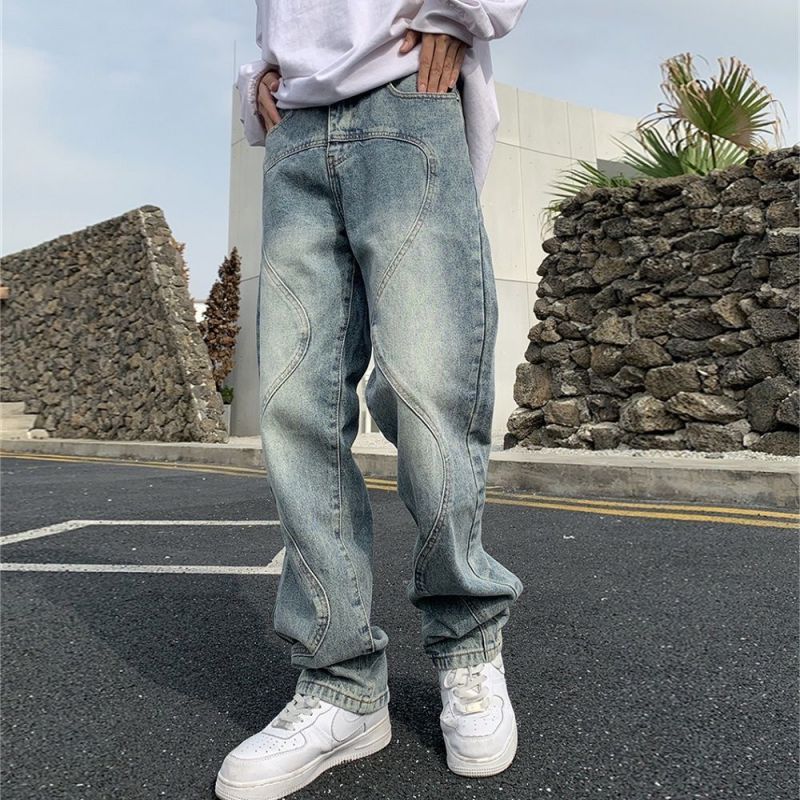Generic European and American High Street Vibe Style Vintage Washed Jeans Mens Ins Trendy Brand Hip-hop Pants with Zipper Leg Slim-fit Trendy Pants Blue