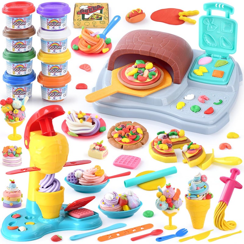 PLAY 2 in 1 Color Dough Sets for Kids Ages 248 Kitchen Creations Ice Cream Pizza Maker Machine Art Crafts Play Food Toys for 3 Year Old Girls Boys and Up 8 Cans of Modeling Compound Dough2 oz Cans - Image 3