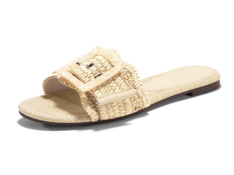 Coutgo Womens Flat Sandals Raffia Slip On Slide Sandal Square Open Toe Buckle Summer Beach Shoes Flats, Beige, Size 7.5 - Image 1