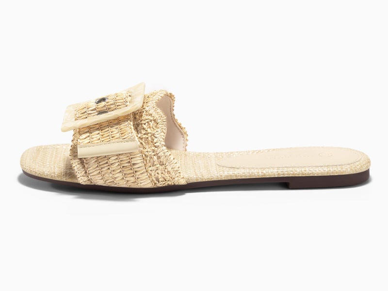 Coutgo Womens Flat Sandals Raffia Slip On Slide Sandal Square Open Toe Buckle Summer Beach Shoes Flats, Beige, Size 7.5 - Image 5
