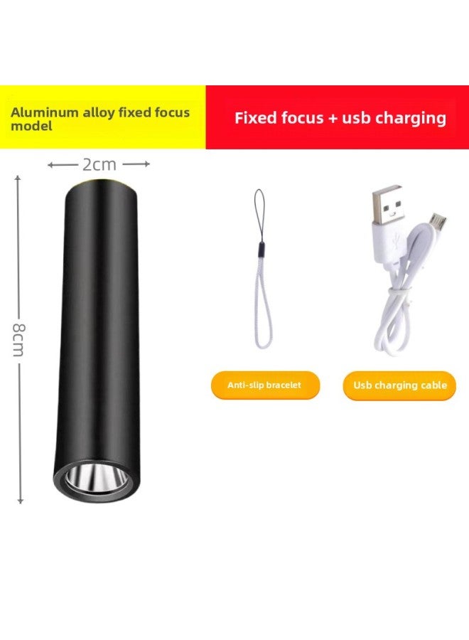 Loquat Portable Aluminum Alloy Flashlight Telescopic Zoom Strong Light Cob Work Light Led Rechargeable Mini Flashlight-Color:518A Black-aluminum Alloy Fixed Focus + Hand Rope + USB Line - Image 1