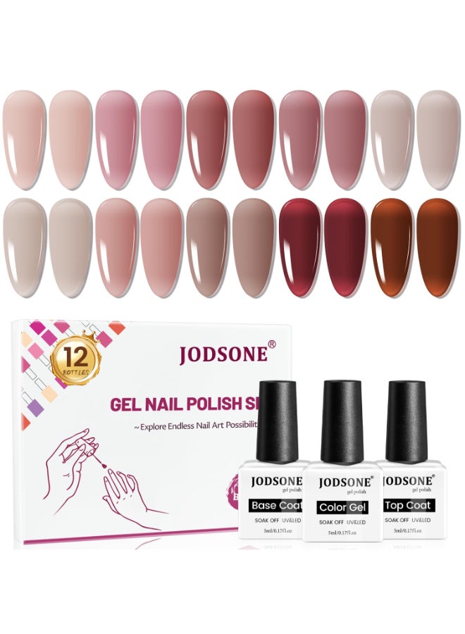 JODSONE 12PCS Gel Nail Polish Set 10 Translucent Jelly Colors Natural Elegant Long Lasting For Home Salon Use - Image 2