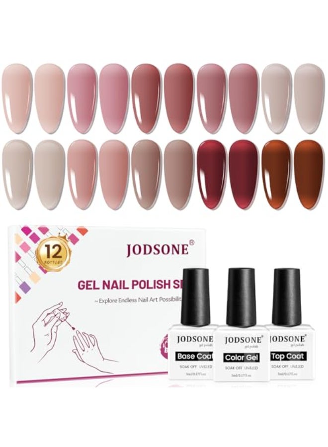 JODSONE 12PCS Gel Nail Polish Set 10 Translucent Jelly Colors Natural Elegant Long Lasting For Home Salon Use - Image 1