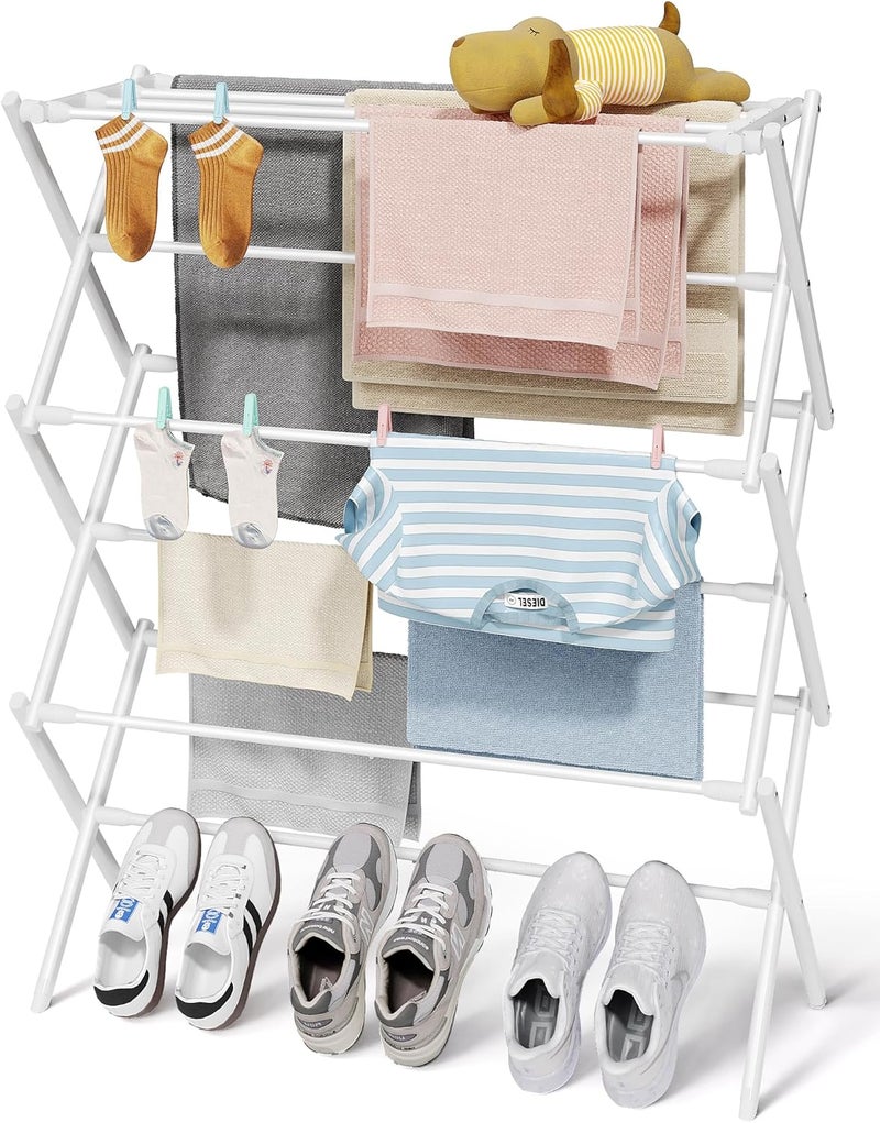 Sakugi Foldable Clothes Drying Rack – Metal Laundry Drying Rack with Non-Slip Feet, 3-Tier Space-Saving Clothing Rack for Organization, Indoor & Outdoor Use, 11.4" D x 29.1" W x 37.4" H, White - Image 1