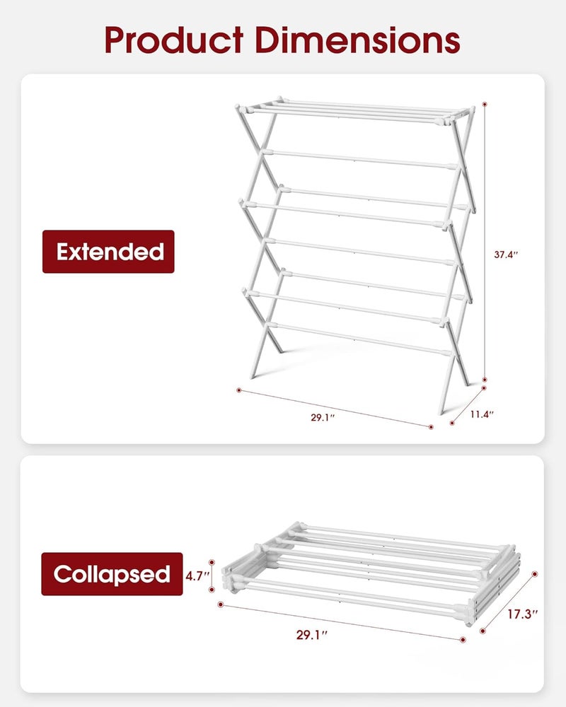 Sakugi Foldable Clothes Drying Rack – Metal Laundry Drying Rack with Non-Slip Feet, 3-Tier Space-Saving Clothing Rack for Organization, Indoor & Outdoor Use, 11.4" D x 29.1" W x 37.4" H, White - Image 2